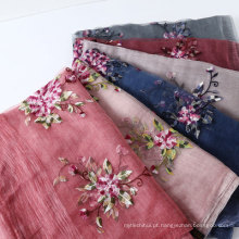 Senhoras elegantes lenço de pescoço bordado flores de seda cachecol de lã xaile